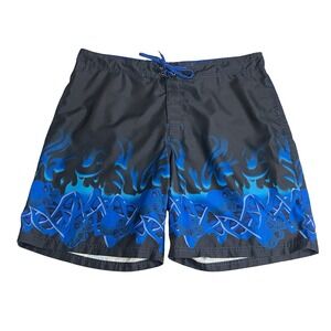 VTG Y2K No Boundaries Board Shorts Mens 40 Blue‎ Flame Skull Tribal Swim Trunks